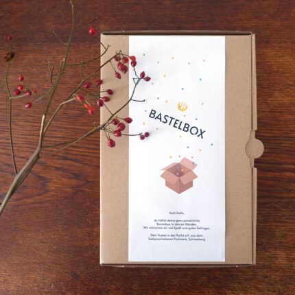 Abgebildet ist eine Pappschachtel, liegend auf einer dunkelbrauen Holzplatte, mit einer weißen Banderole auf der „Bastelbox“ steht. Darauf liegt ein Zweig mit roten Früchten dran.